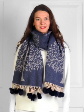 Cashmere Feeling Tree of Life Scarf with Pom-Poms